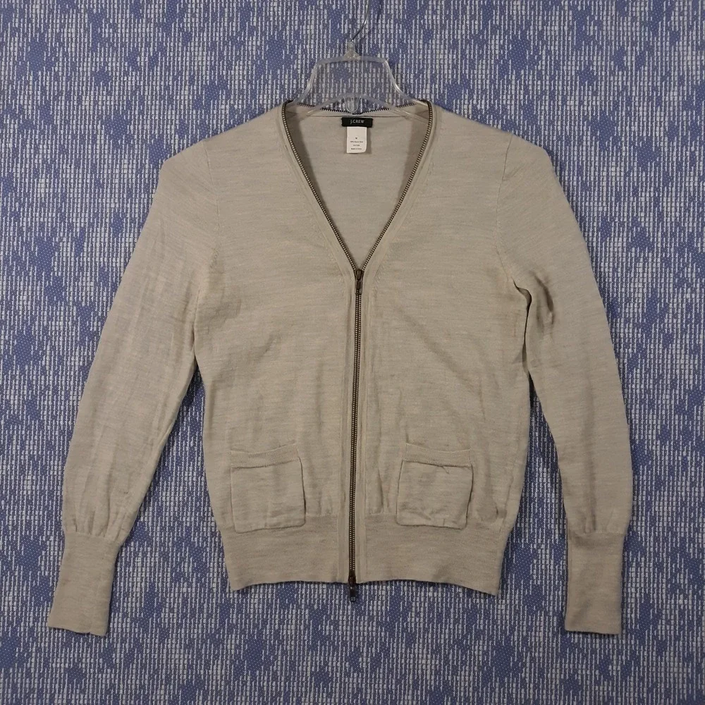 J.CREW Cardigan Sweater Womens Medium Full Zip Beige 100% Merino Wool